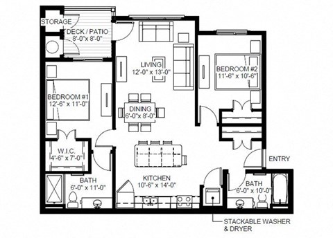 Floor plan for 2 beds, 2 baths, 1097 sqft